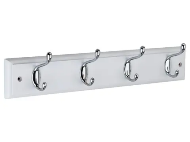 Picture of HOOK RAIL 4 SATIN NICKEL HOOKS ON WHITE BOARD